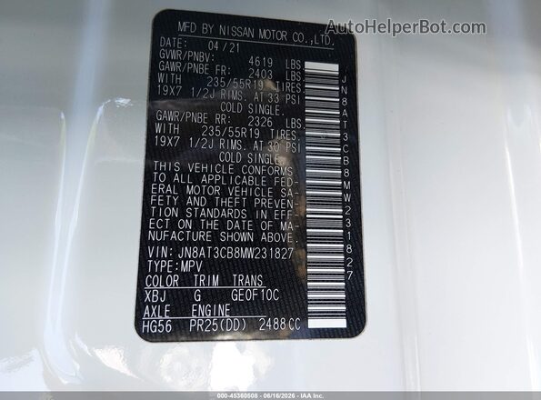 JN8AT3CB8MW231827 2021 NISSAN ROGUE White Engine compartment view