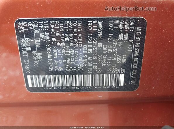 JN8AT3DC8MW107435 2021 NISSAN ROGUE Orange Вид підкапотного простору