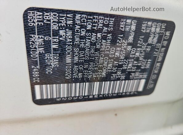JN8AT3DCXMW103029 2021 NISSAN ROGUE White Շարժիչի բաժամունքի տեսք