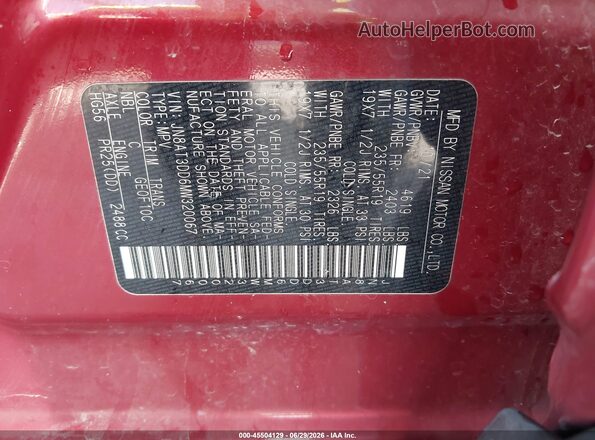 JN8AT3DD6MW320067 2021 NISSAN ROGUE Maroon Vista del compartimento del motor