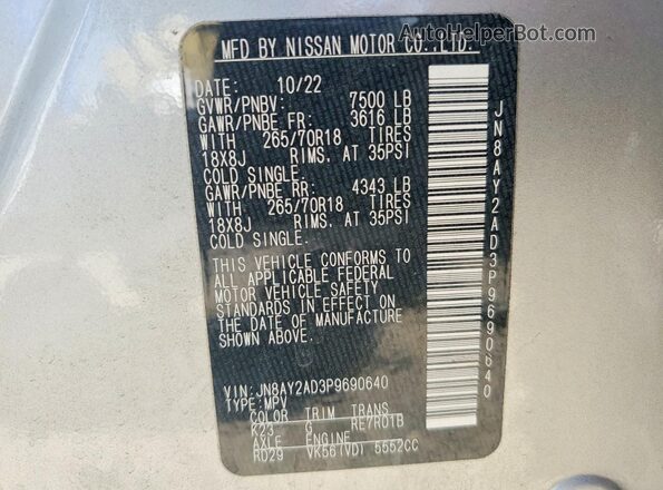 JN8AY2AD3P9690640 2023 NISSAN ARMADA Silver VIN კოდის სტიკერის ხედი
