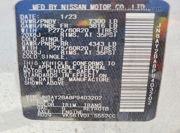 JN8AY2BA8P9403202 2023 NISSAN ARMADA White Вид наклейки з VIN-кодом