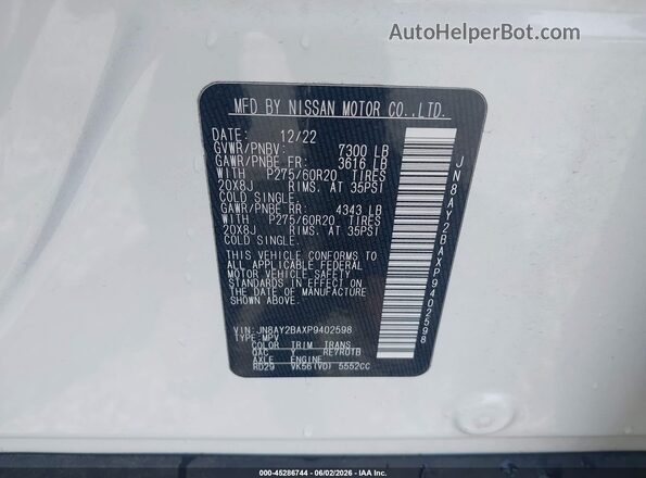 JN8AY2BAXP9402598 2023 NISSAN ARMADA White Շարժիչի բաժամունքի տեսք