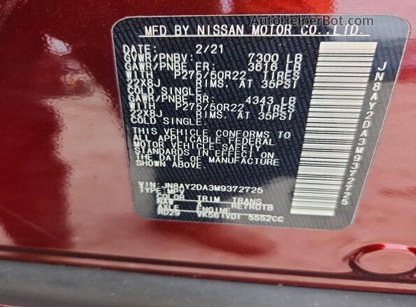 JN8AY2DA3M9372725 2021 NISSAN ARMADA Темно-бордовый Панорамный вид салона 360°