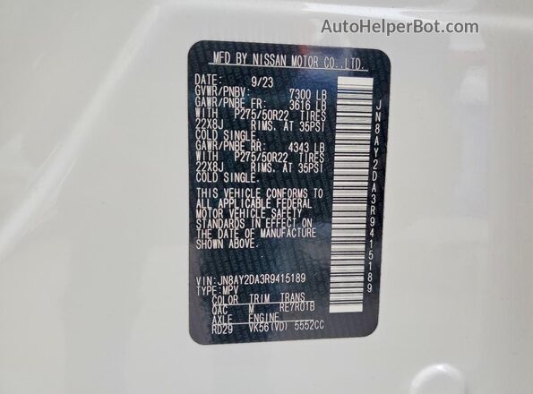 JN8AY2DA3R9415189 2024 NISSAN ARMADA White Սալոնի 360 աստիճան տեսք