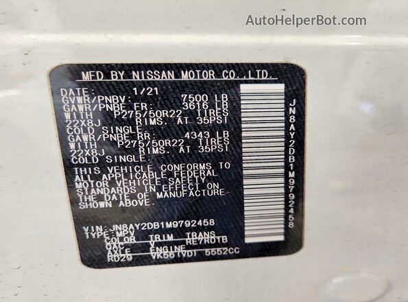 JN8AY2DB1M9792458 2021 NISSAN ARMADA White Widok naklejki z numerem VIN
