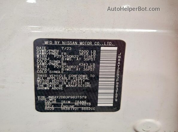 JN8AY2DB3P9837579 2023 NISSAN ARMADA Белый Вид наклейки с VIN-кодом