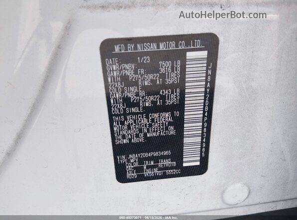 JN8AY2DB4P9834965 2023 NISSAN ARMADA White ძრავის განყოფილების ხედი