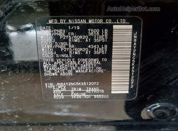 JN8AY2NC5KX512072 2019 NISSAN ARMADA Black Widok naklejki z numerem VIN