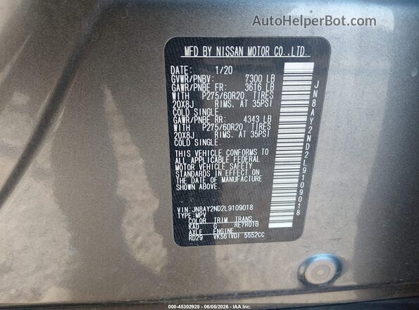 JN8AY2ND2L9109018 2020 NISSAN ARMADA Gray Widok komory silnika