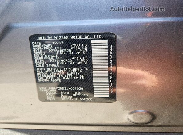 JN8AY2ND3JX001029 2018 NISSAN ARMADA Silver VIN კოდის სტიკერის ხედი