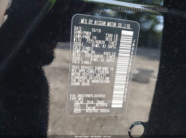 JN8AY2ND7LX016703 2020 NISSAN ARMADA Black Вид підкапотного простору