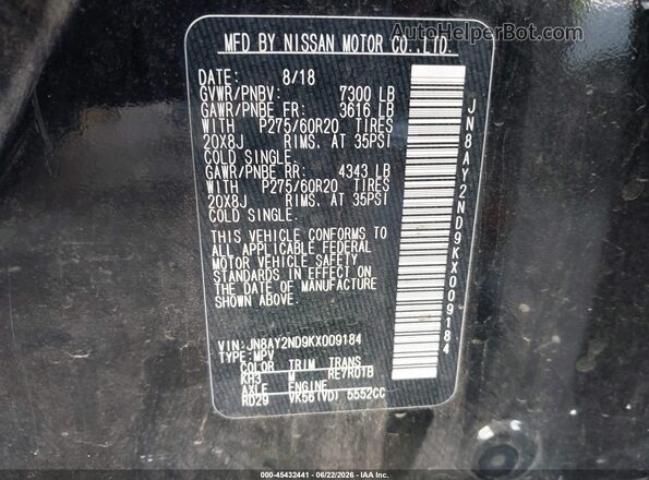 JN8AY2ND9KX009184 2019 NISSAN ARMADA Black Вид підкапотного простору