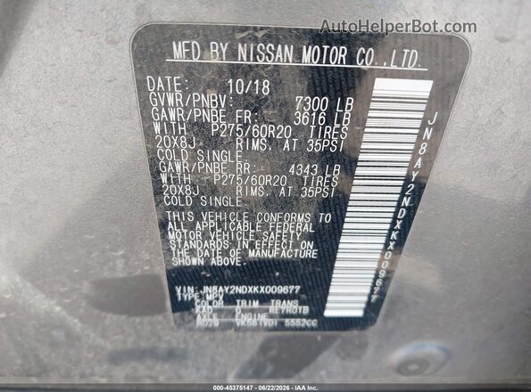 JN8AY2NDXKX009677 2019 NISSAN ARMADA Gray Շարժիչի բաժամունքի տեսք