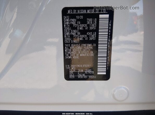 JN8AY2NE8L9782811 2020 NISSAN ARMADA White ძრავის განყოფილების ხედი