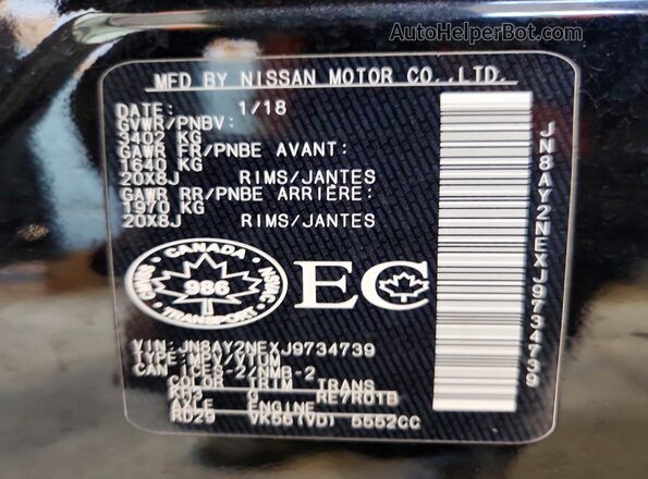 JN8AY2NEXJ9734739 2018 NISSAN ARMADA Black VIN კოდის სტიკერის ხედი
