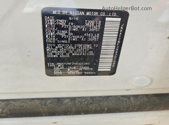 JN8AY2NF2H9301080 2017 NISSAN ARMADA White Widok naklejki z numerem VIN