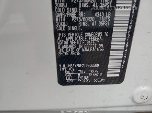 JN8AY2NF2L9360509 2020 NISSAN ARMADA White Vista del compartimento del motor