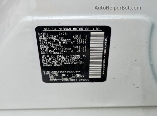 JN8AY3CCXS9200844 2025 NISSAN ARMADA White Սալոնի 360 աստիճան տեսք