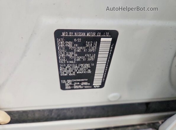 JN8AZ2AC5N9485791 2022 INFINITI QX80 White VIN sticker view
