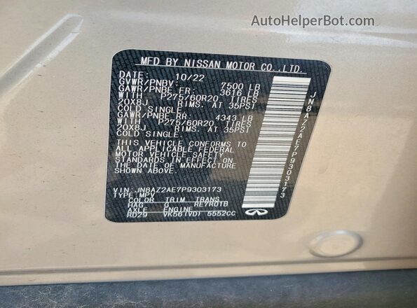 JN8AZ2AE7P9303173 2023 INFINITI QX80 Beige Widok naklejki z numerem VIN
