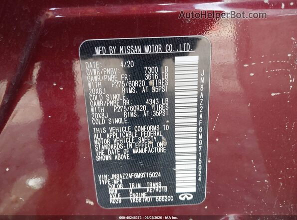 JN8AZ2AF6M9715024 2021 INFINITI QX80 Red Вид підкапотного простору