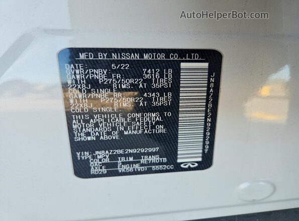 JN8AZ2BE2N9292997 2022 INFINITI QX80 Белый Панорамный вид салона 360°