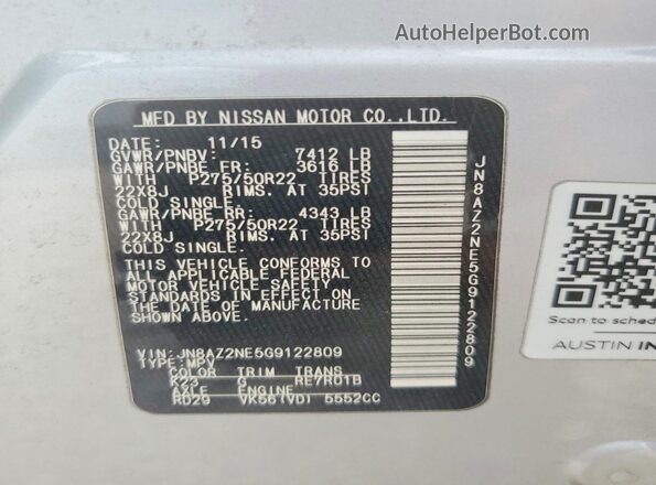 JN8AZ2NE5G9122809 2016 INFINITI QX80 Silver VIN կոդի պիտակի տեսք