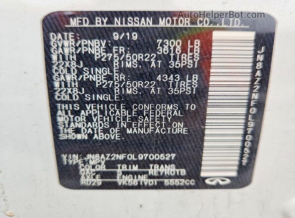 JN8AZ2NF0L9700527 2020 INFINITI QX80 White Вид наклейки з VIN-кодом