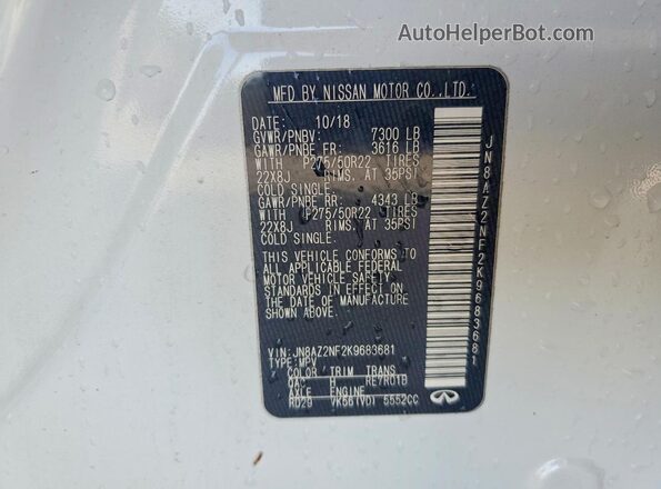 JN8AZ2NF2K9683681 2019 INFINITI QX80 White Вид наклейки з VIN-кодом