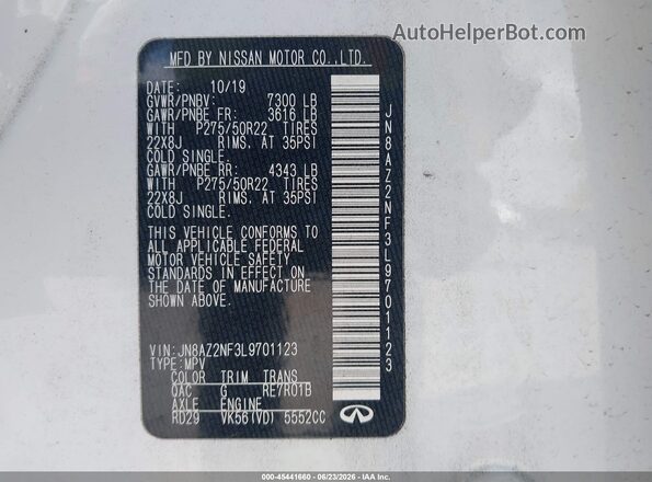 JN8AZ2NF3L9701123 2020 INFINITI QX80 White Vista del compartimento del motor