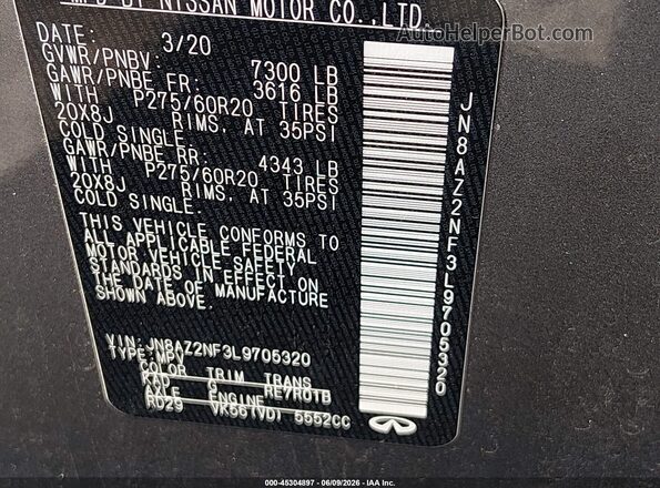 JN8AZ2NF3L9705320 2020 INFINITI QX80 Gray Вид підкапотного простору