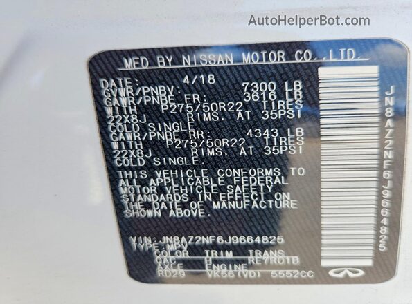 JN8AZ2NF6J9664825 2018 INFINITI QX80 White Vista de la etiqueta del VIN