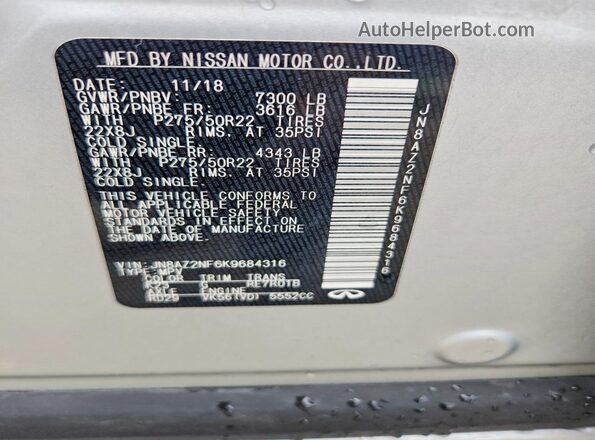 JN8AZ2NF6K9684316 2019 INFINITI QX80 Silver Widok naklejki z numerem VIN
