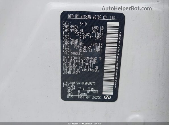 JN8AZ2NF8K9689372 2019 INFINITI QX80 White Vista del compartimento del motor