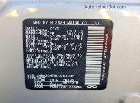 JN8AZ2NF8L9704907 2020 INFINITI QX80 Белый Панорамный вид салона 360°