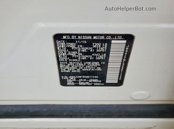 JN8AZ2NF9G9611240 2016 INFINITI QX80 White Widok naklejki z numerem VIN