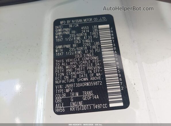 JN8BT3BA0RW359872 2024 NISSAN ROGUE White Vista del compartimento del motor