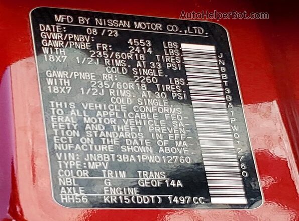 JN8BT3BA1PW012760 2023 NISSAN ROGUE Red VIN sticker view
