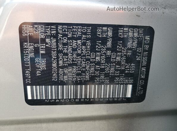JN8BT3BA2RW002452 2024 NISSAN ROGUE Silver VIN կոդի պիտակի տեսք