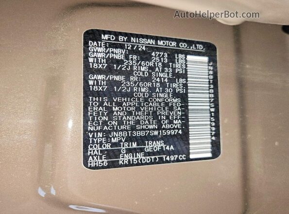 JN8BT3BB7SW159974 2025 NISSAN ROGUE Brown Vista de la etiqueta del VIN