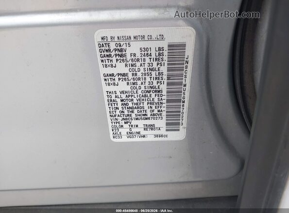 JN8CS1MU5GM670273 2016 INFINITI QX70 Silver Շարժիչի բաժամունքի տեսք