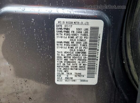 JN8CS1MU7HM144325 2017 INFINITI QX70 Gray Widok naklejki z numerem VIN