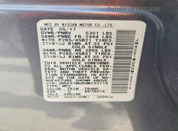 JN8CS1MU8HM143779 2017 INFINITI QX70 Gray Vista interior de 360 grados
