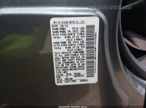 JN8CS1MW2GM750292 2016 INFINITI QX70 Gray Vista del compartimento del motor