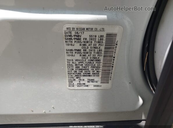 JN8CS1MW8HM416155 2017 INFINITI QX70 White Engine compartment view