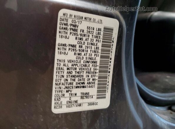 JN8CS1MW9HM414401 2017 INFINITI QX70 Charcoal VIN sticker view