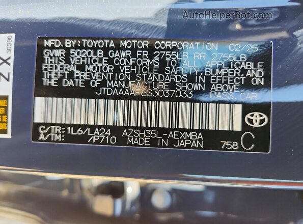 JTDAAAAF6S3037033 2025 TOYOTA CROWN Blue Vista de la etiqueta del VIN