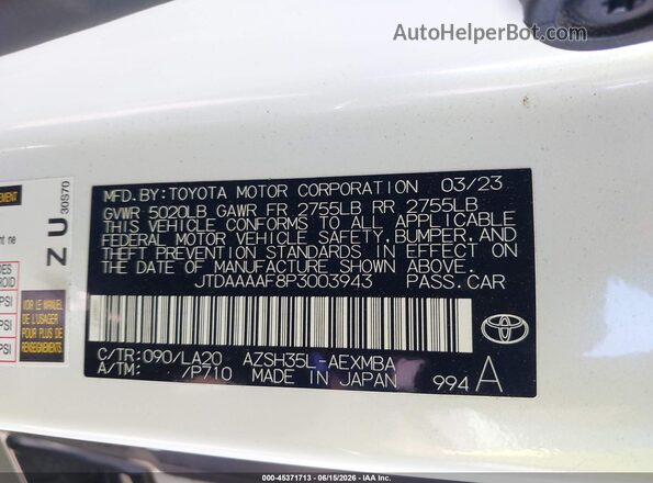 JTDAAAAF8P3003943 2023 TOYOTA CROWN White Widok komory silnika