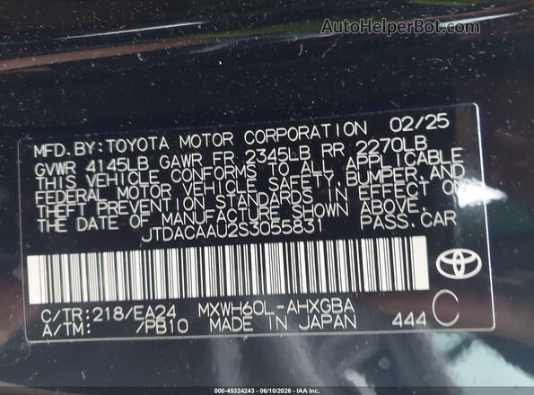 JTDACAAU2S3055831 2025 TOYOTA PRIUS Black Widok komory silnika